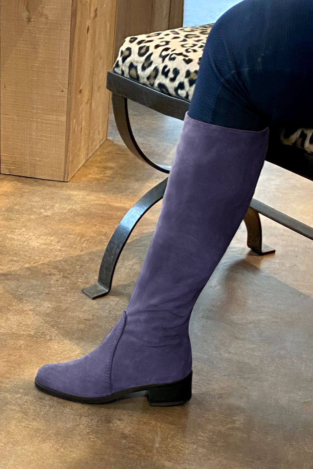 Lavender purple women's riding knee-high boots. Round toe. Low leather soles. Made to measure. Worn view - Florence KOOIJMAN